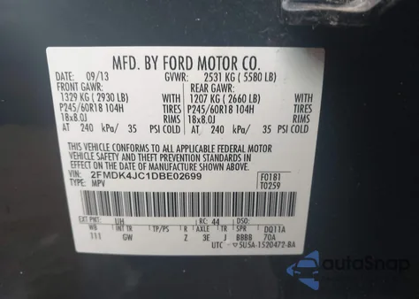 2013 Ford Edge Sel из США, поврежденный, VIN 2FMDK4JC1DBE02699